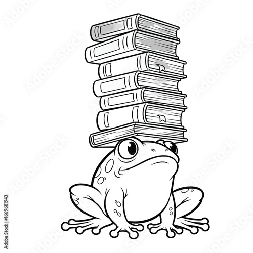 A seriouslooking cartoon frog carefully balancing a large pile of books on its head.