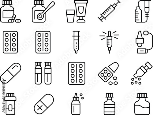 Pharmaceutical medication and drugs vector icons set for healthcare and medical treatment design needs