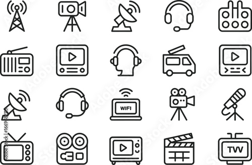 Media and broadcasting icons vector set for television radio and film industry related design work