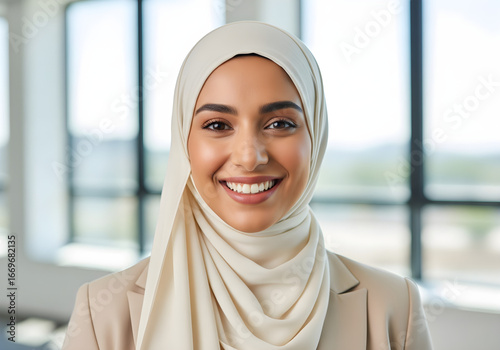 A radiant close-up portrait of a friendly and approachable young professional woman wearing a stylish cream-colored hijab and blazer, smiling warmly in a bright and airy office setting