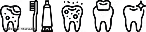 Dental care routine and oral hygiene vector icons toothbrush toothpaste healthy teeth and cavity prevention