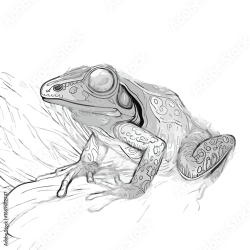 Detailed black and white line art illustration of a tree frog perched on a leaf.