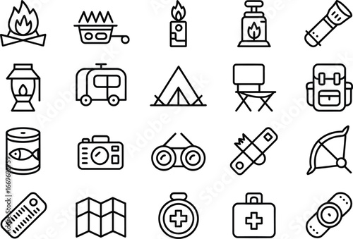 Camping equipment vector icons set for outdoor adventure and travel activities line art illustration