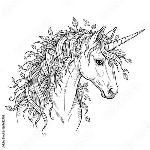 Elegant unicorn head profile with a long wavy mane decorated with leaves black and white line art.