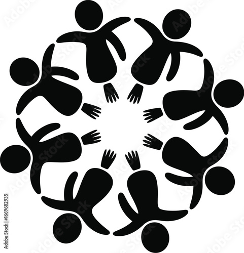 Diverse figures linked in circular embrace people circle