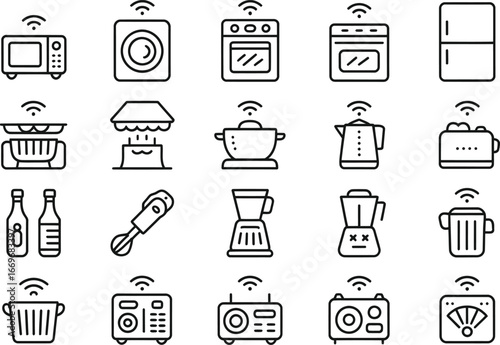 Smart home appliances vector icons set outline style modern kitchen technology connected devices design 96