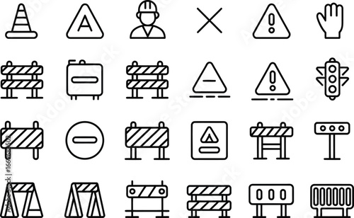 Construction safety icons vector set of traffic cone barrier and warning signs for road work design