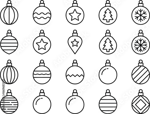 Christmas ornaments vector set, holiday decoration elements, christmas balls vector outline icons design