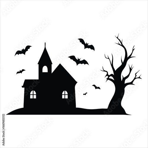 Spooky halloween silhouette of a haunted house with bats and a bare tree