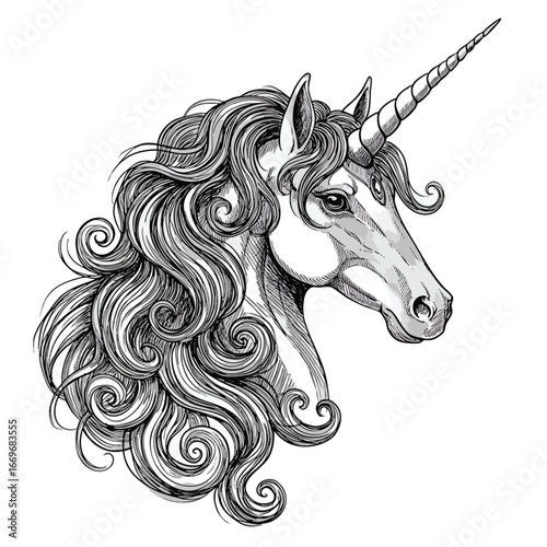 Majestic unicorn head with a long flowing curly mane and spiral horn depicted in a detailed black and white sketch style.