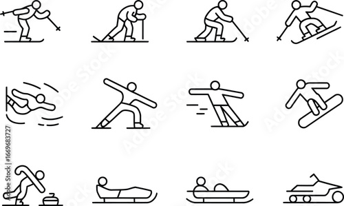 Winter sports activities icons set skiing snowboarding swimming curling sledding snowmobile vector art