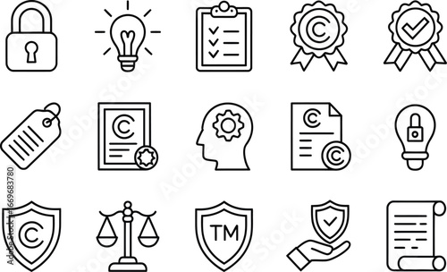 Intellectual property rights protection and copyright law concept vector line icons set for business