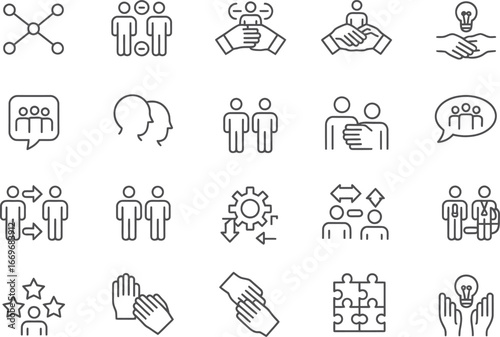 Vector line icons set of business partnership teamwork collaboration and human resources management concept