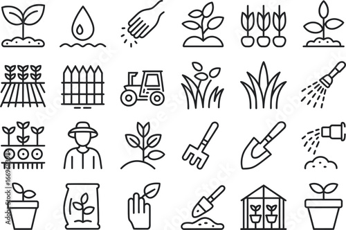 Farming agriculture gardening icons vector set for web design and mobile app linear style isolated 96
