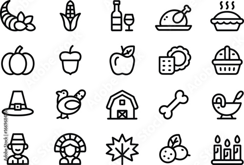 Thanksgiving icons vector set thanksgiving day autumn harvest traditional food elements design graphic