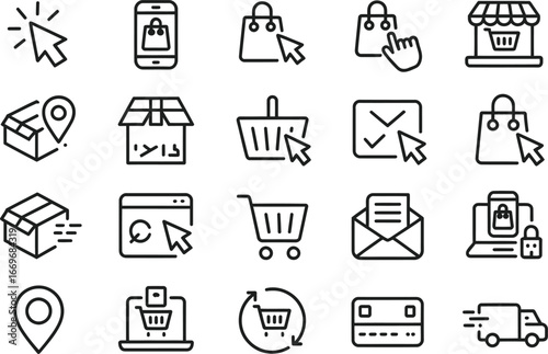 Online shopping icons set vector illustration for e commerce business and retail store concept design