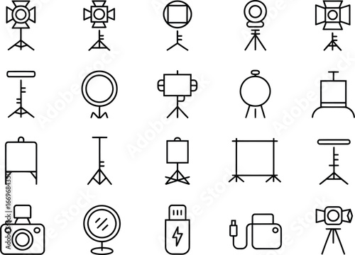 Photography equipment icons vector set studio lighting camera flash drive and mirror illustration