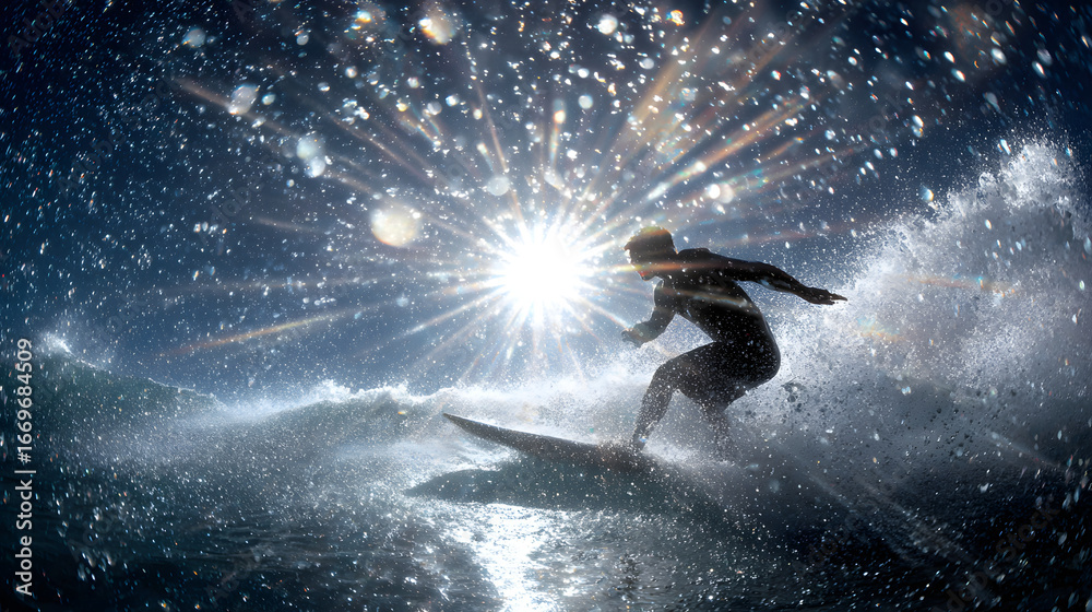 Fototapeta premium Silhouetted male surfer skillfully rides a wave, with sunlight creating a dazzling spray of water droplets around him.