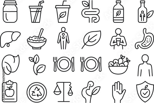 Healthy lifestyle and nutrition vector icons set for diet and wellness concept and food supplement plan