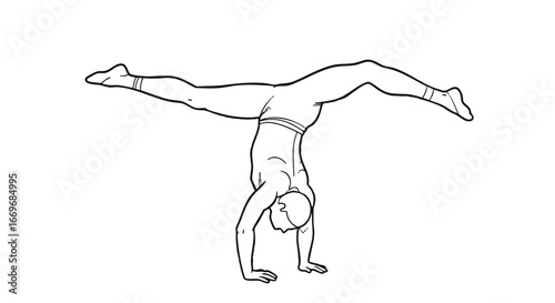 Black and white line art illustration of a male athlete performing a handstand with a straddle split, showcasing balance, flexibility, and strength