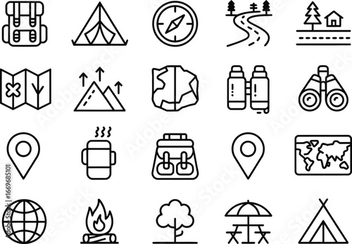 Explore outdoor adventure and travel with camping hiking gear and equipment vector icons set collection design
