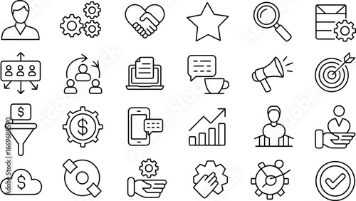 Business strategy and management icons vector set for marketing and financial planning success