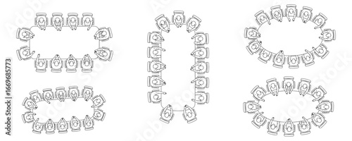CAD-style technical top view outline drawings of people sitting around conference tables, minimal vector illustration set for architectural plans and office design layouts