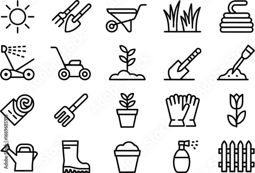 Vector gardening tools and equipment icons set for landscaping lawn care and outdoor plants maintenance