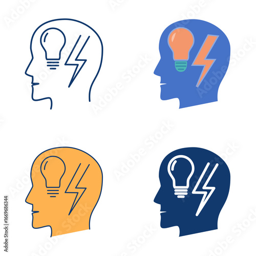 Head with lightning flat and line icon set