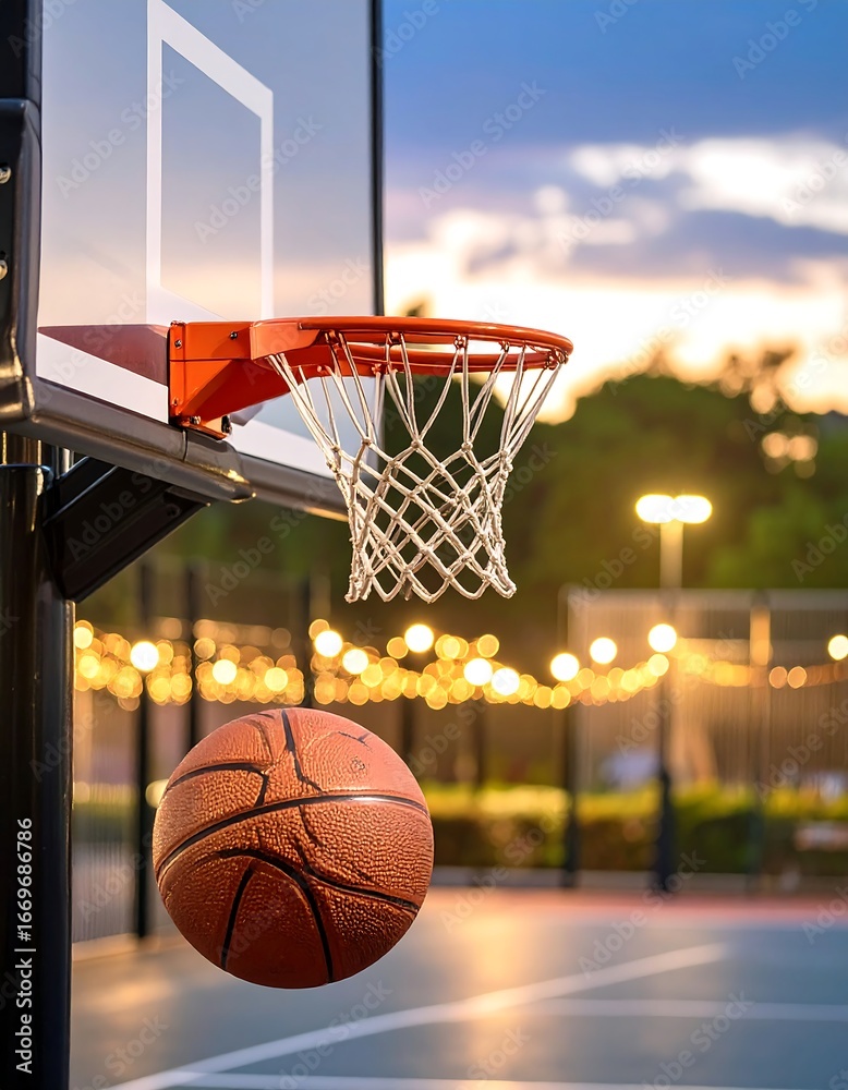 Fototapeta premium Outdoor basketball court at sunset; ball in net