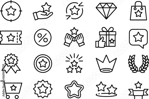 Loyalty program icons vector set, reward system elements, customer retention, points, benefits, bonus, gifts