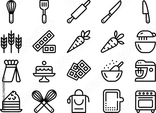 Bakery icons set vector illustration of baking ingredients and cooking tools for culinary designs