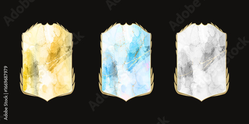 Set of three decorative football cards with abstract marble texture in gold, blue and grey colors on black background. Illustration template with golden frame. Design layout of football card poster