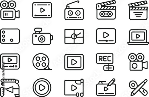 Vector icons set for video production and film making industry related concepts and design elements