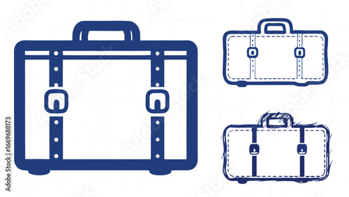 Illustration of three blue suitcases with straps and buckles in different artistic styles shown here
