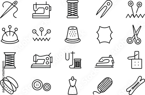 Sewing crafting tools and equipment vector icon set for diy hobby tailor and dressmaking projects design