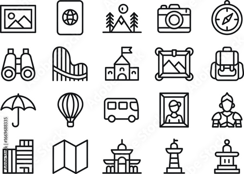 Travel tourism icons vector set adventure and vacation planning elements for web design and mobile apps