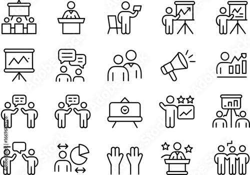 Business presentation and meeting icons set vector for conference and training seminar workshop event
