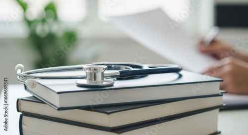 Stethoscope placed on a stack of medical books with a person writing in the background, symbolizing medical education and research