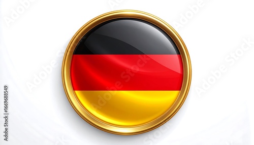 A glossy, circular representation of the German flag, framed in a golden border, set against a plain white background. Free Download A glossy, circular representation of the German flag, framed in a golden border, set against a plain white background. - GFXLoad
