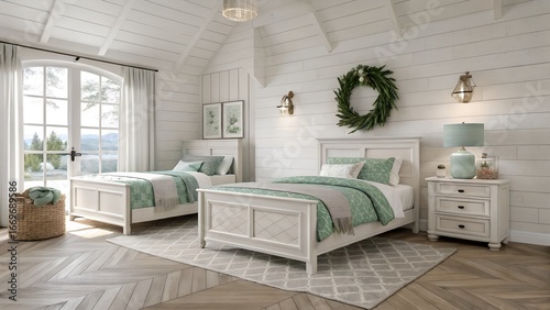 Photoreal San Francisco Victorian kids room in minimalist design featuring north-facing daylight and alabaster white with emerald green palette