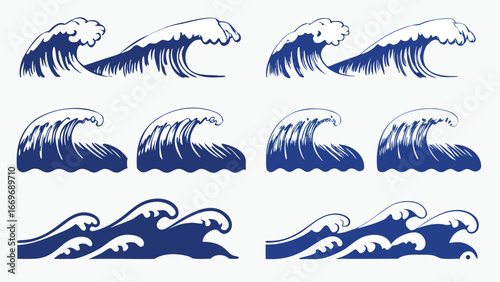Illustration of ocean waves with varying heights and styles in a blue color scheme on white background
