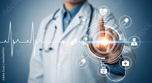 Doctor interacting with a futuristic digital interface displaying medical icons and a heartbeat line