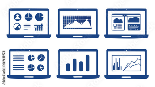 Six laptops displaying different types of charts and graphs in a blue color scheme on white background