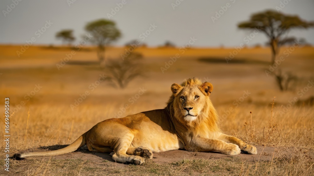 Naklejka premium A majestic male lion rests on the dry earth of the african savanna, surrounded by sparse vegetation and acacia trees under a vast, open sky during golden hour