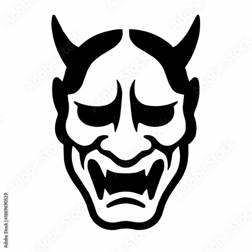 Black tattoo illustration of a demonic wolf and bull skull head, a horror art symbol