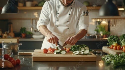 Chef preparing vegetables slicing zucchini and tomatoes on a wooden cutting board in a professional kitchen