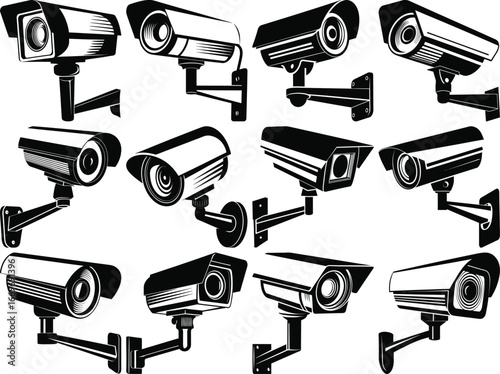 Collection of security surveillance cameras mounted on brackets and CCTv Camera vector