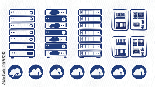 Illustration of server racks and cloud icons representing cloud computing infrastructure setup