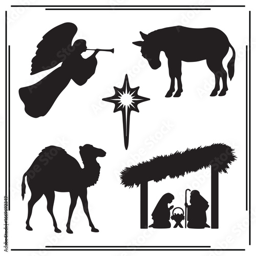 Silhouette of Nativity Scene with Angel, Camel, Donkey, and Star - Black and White Christmas Icons - Vector Illustration for Religious, Holiday, and Christmas Projects